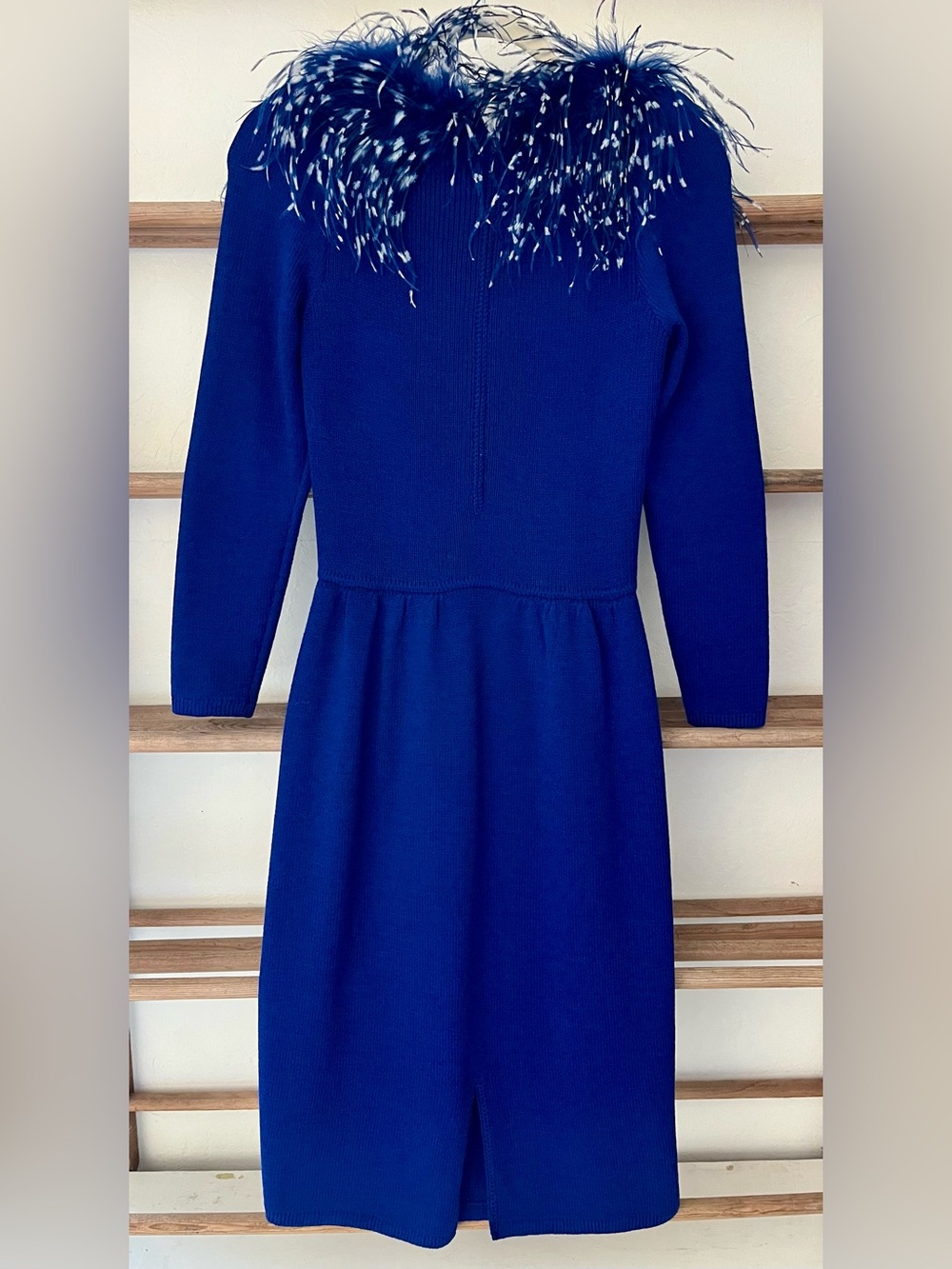 Vintage St. John Royal Blue Ostrich Feather-Trim Santana Knit Dress - Picture 5 of 8